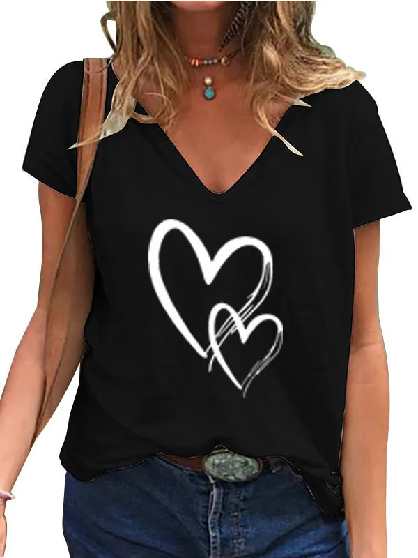 V-neck Loose Casual Heart Printing T-shirt - Black