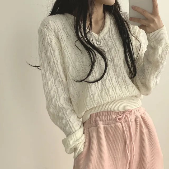 Twist knit V neck Waist cinching Long sleeve Knit Sweater Beige - Shop at LoveMi