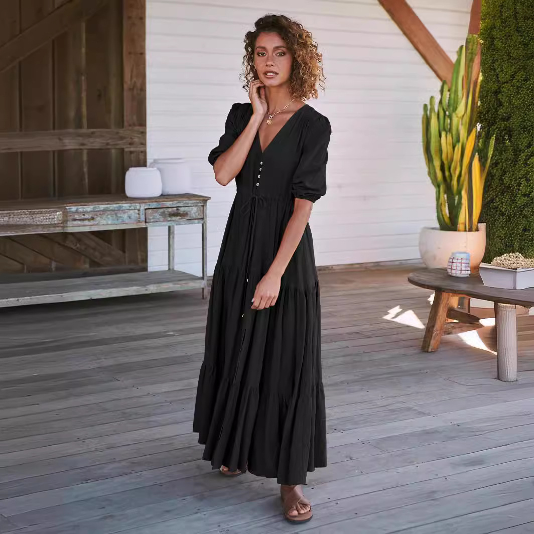 Women's Clothing V-neck Buttons French Dress