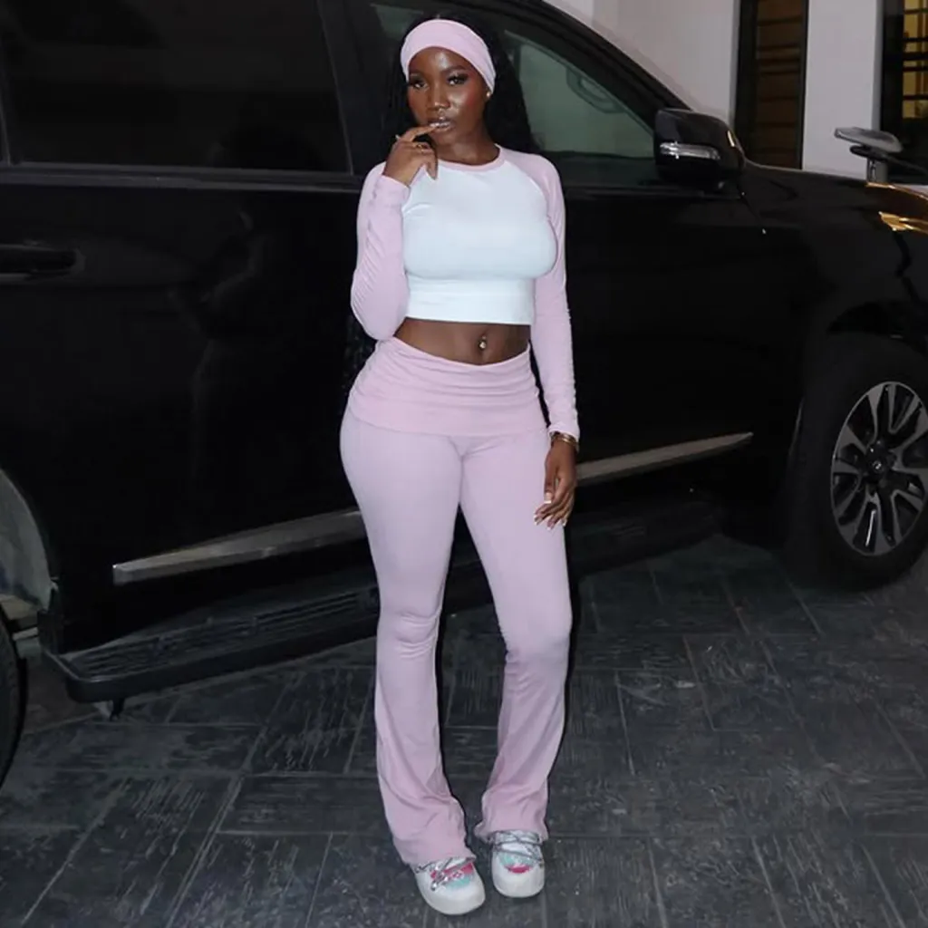 American Casual Sports Suit Basic Style Color Contrast Long Sleeve T-shirt Waist Pants Fitness Three-piece Set - Light Pink