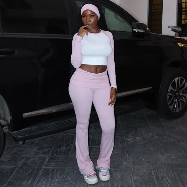 American Casual Sports Suit Basic Style Color Contrast Long Sleeve T shirt Waist Pants Fitness Three piece Set Light Pink - Shop at LoveMi