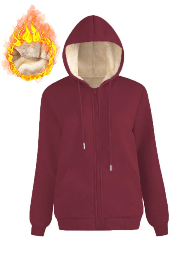 Warm Berber Fleece Pocket Hooded Sweatshirt Coat Wine Red Thread Zipper - Shop at LoveMi