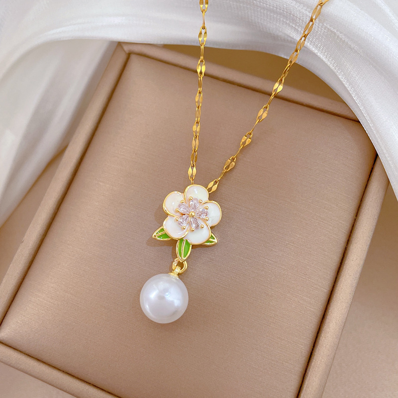 Pearl-dripping-oil Flower Full-cubic-zirconia Necklace For Women