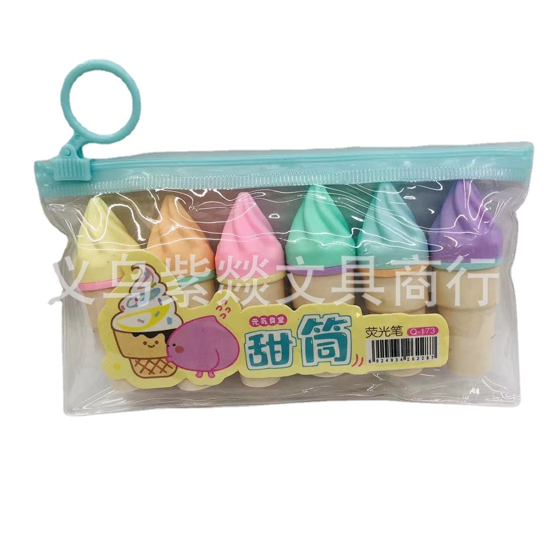 Mini Ice Cream Marking Pen Cute Cartoon Shape Fluorescent Pen Fashion Color Marker Package Wholesale