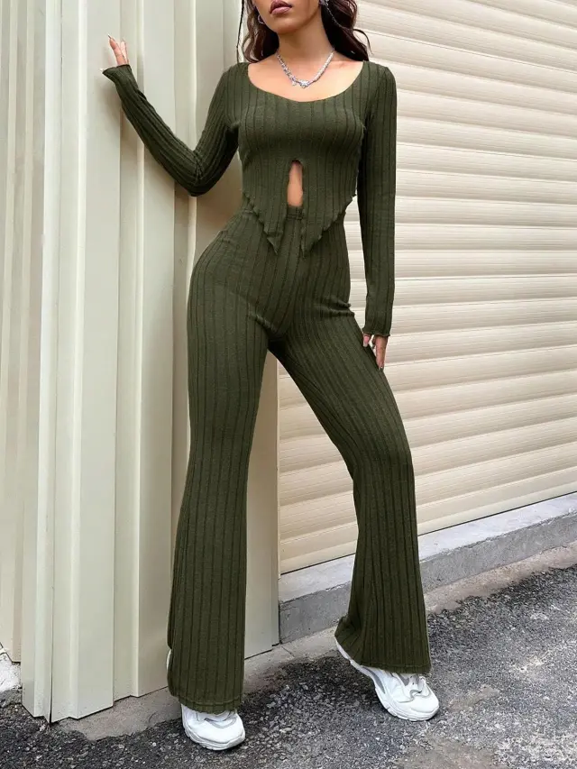 Solid Color Slim Waist Long Sleeve Top And High Waist Slightly Flared Pants Set Army Green - Shop at LoveMi