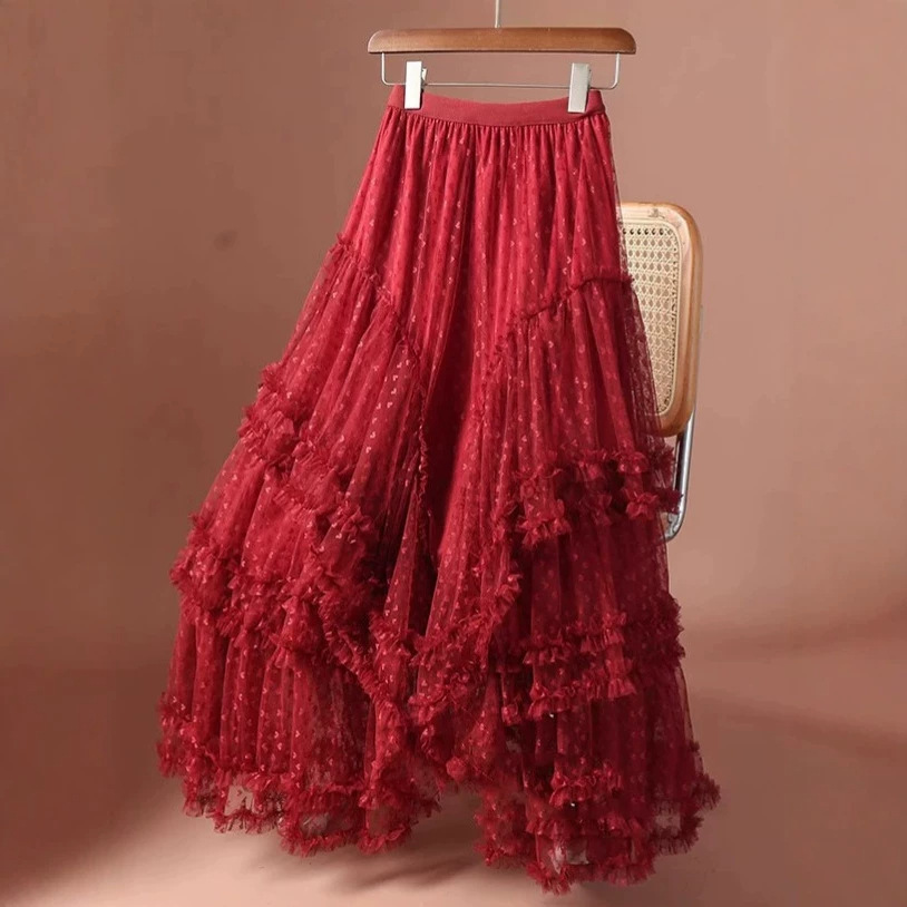 Large-pattern Jacquard Heart Mesh Skirt