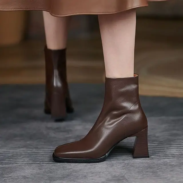 Womens Stylish Short Boots With A Square Toe And Chunky Heel Womens Fashion Boots With A Side Zipper Leather Boots