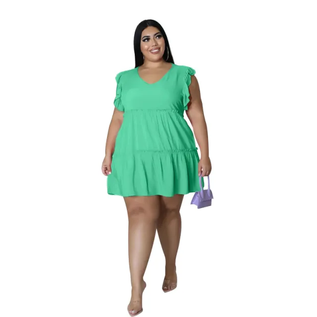 Women's Solid Color Casual V neck Sleeveless Ruffled Pleated Skirt Green - Shop at LoveMi