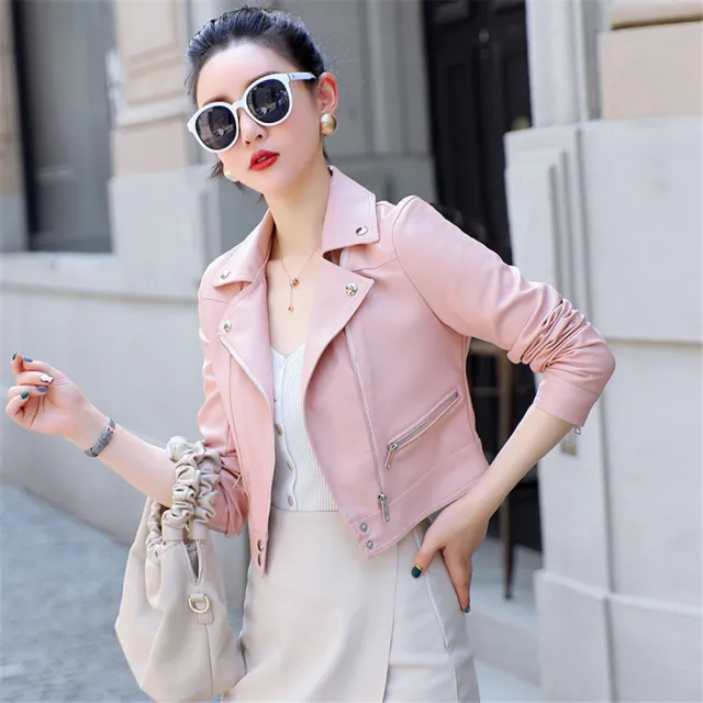 Motorcycle Leather Women's Short Slim Fit Plus Size Washed Leather Jacket Pink - Shop at LoveMi