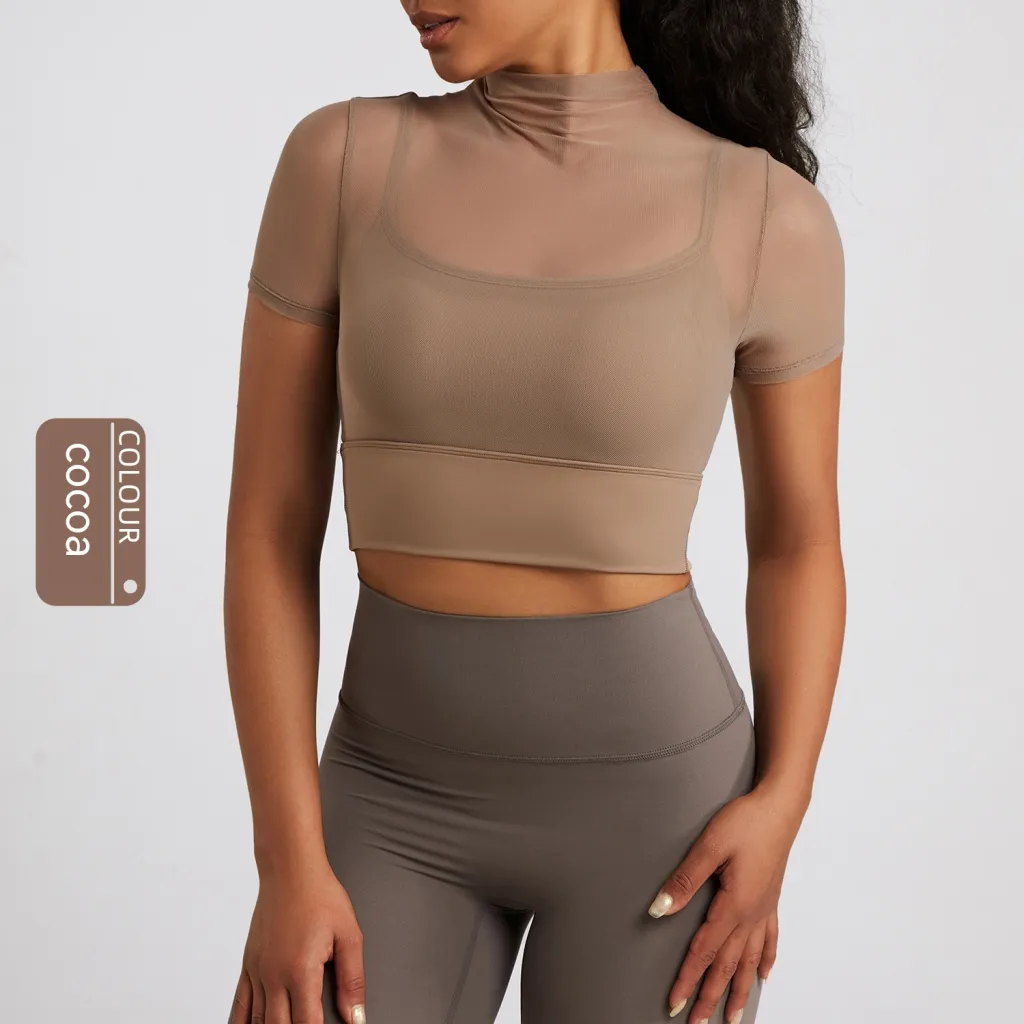Mesh Short Sleeve Women's Sports Breathable Hollow-out One-piece T-shirt - Cocoa Color-L