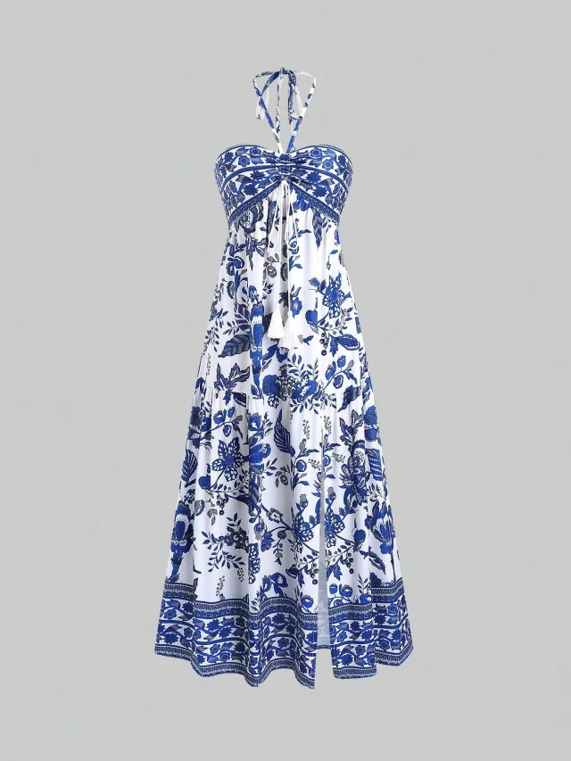 Split Sexy Printed Lace up Tube Top Dress Blue - Shop at LoveMi