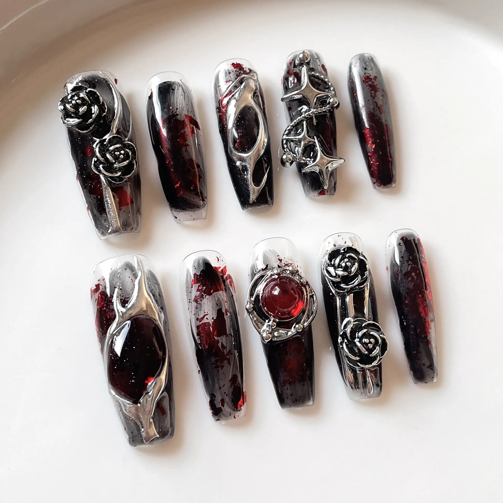Long-style Wearable Nails In Blood-red Gothic Design