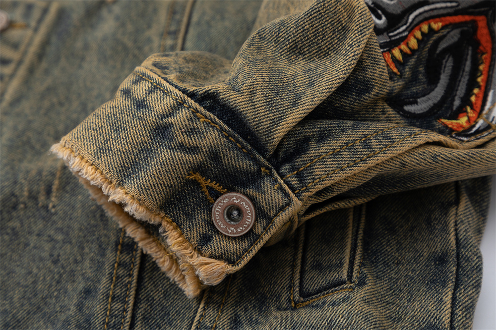 Faucet Zodiac Needle Embroidery Denim Jacket Men's High Street National Fashion Design Sense Ripped Jacket