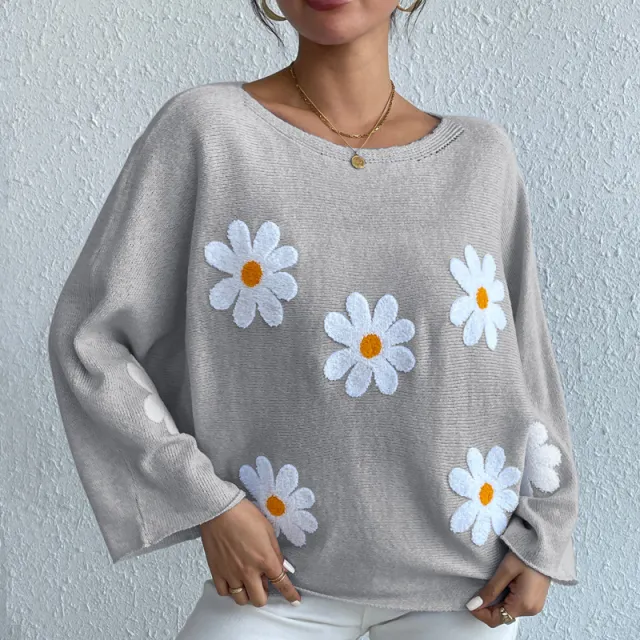 Sweet Flowers Loose Knitted Sweater For Women Gray - Shop at LoveMi