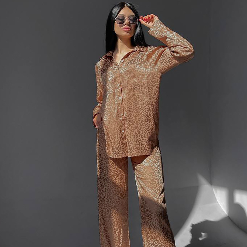 Leopard Print Lace up Loose Long sleeved Trousers Pajamas Two piece Set Leopard - Shop at LoveMi
