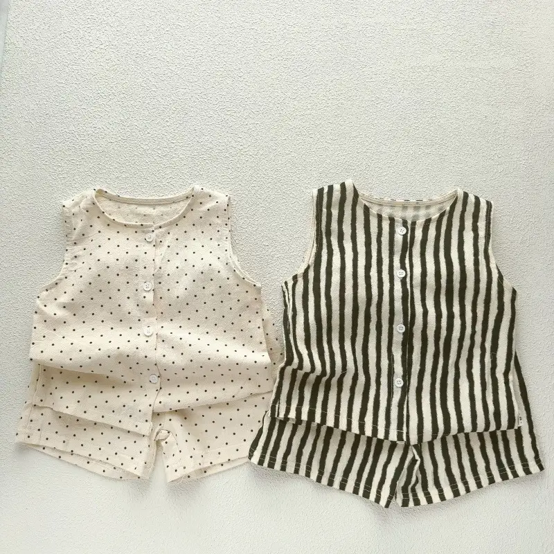 Korean-style Childrens Cotton-linen Thin Two-piece Set