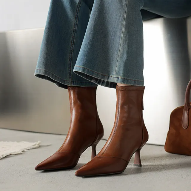 Stiletto heeled Cowhide Pointed toe Ankle Boots With A Back Zipper Brown - Shop at LoveMi