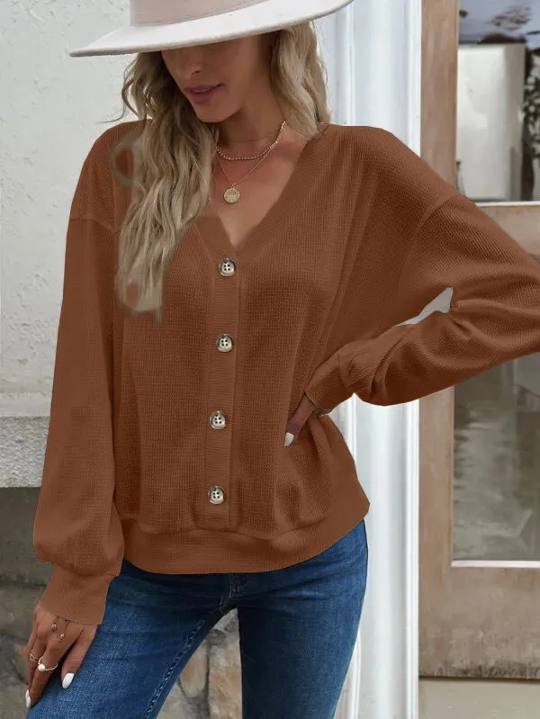 Solid Color Buttons V neck Loose Long sleeved T shirt Khaki - Shop at LoveMi