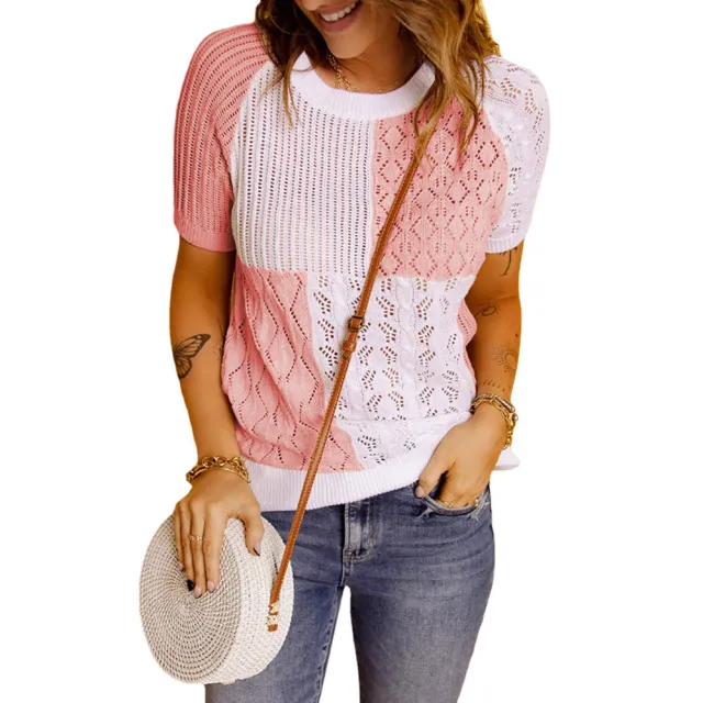 Fashion European American Summer New Color Block Knitted Short Sleeve T shirt Top Knitwear Pink - Shop at LoveMi