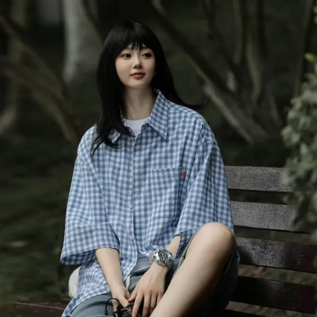 Retro Relaxed fit Casual Three quarter sleeve Shirt Blue - Shop at LoveMi