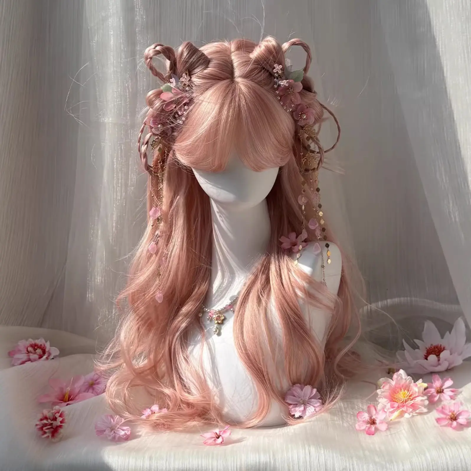 Womens Pink-gold Long Curly Wig