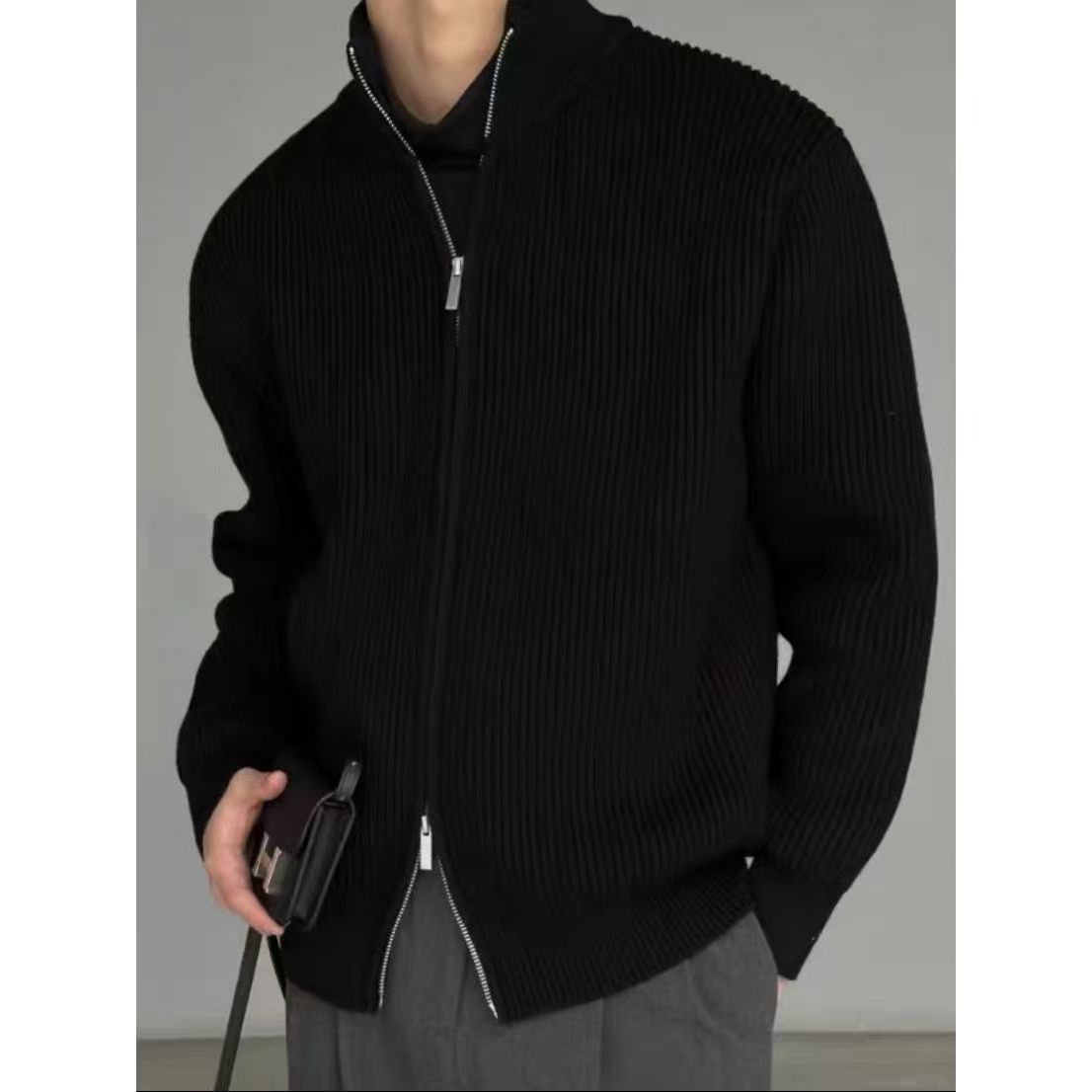 Mens Cardigan Sweater With Stand Collar And Zipper Jacket