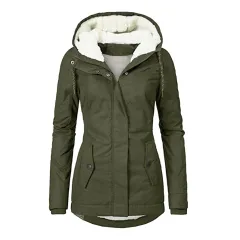 Winter Hooded Jacket Solid Colour Warm Buckle Zip-up Fleece Jacket With Pockets Women's Casual Jacket - Army Green - View 1