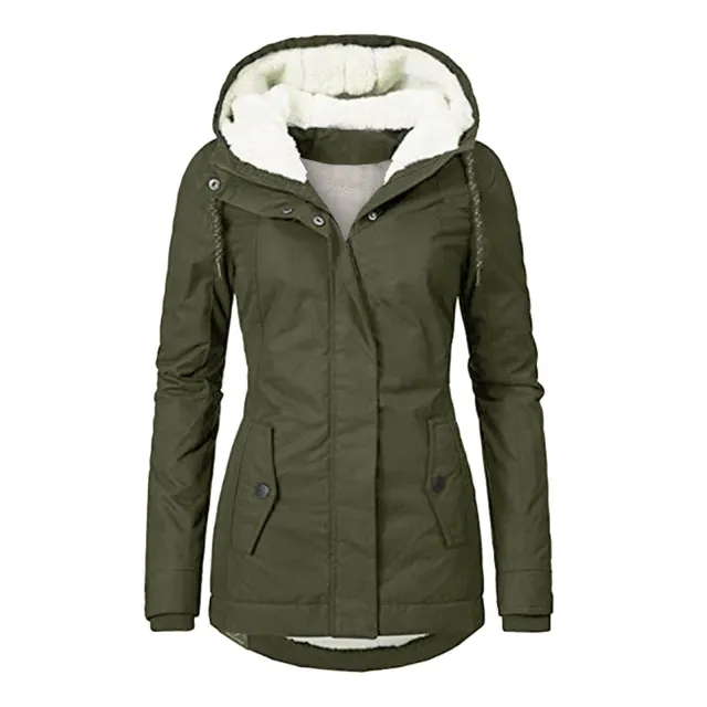 Winter Hooded Jacket Solid Color Warm Buckle Zip up Fleece Jacket With Pockets Women's Casual Jacket Army Green - Shop at LoveMi