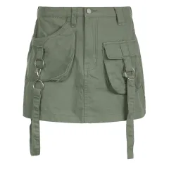 American Street Style Asymmetric Pocket Design Low Waist Denim Skirt - 4069 Green - View 1