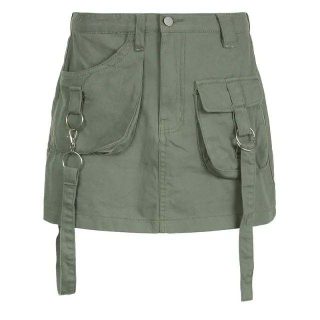 American Street Style Asymmetric Pocket Design Low Waist Denim Skirt 4069 Green - Shop at LoveMi