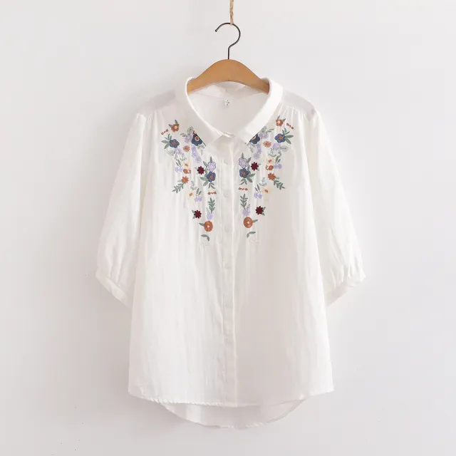 Women's Flower Embroidered Cotton Yarn Shirt Summer Red - Shop at LoveMi