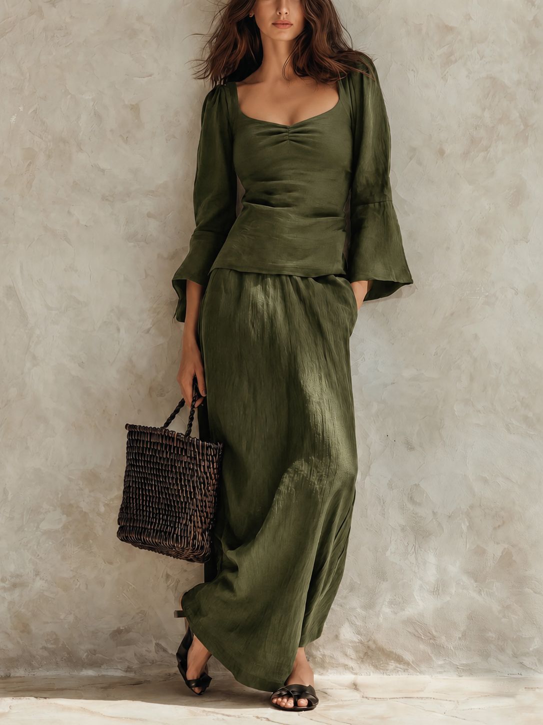 Womens Square-neck Loose-fit Long-sleeve Top And High-waisted Skirt Two-piece Set 3