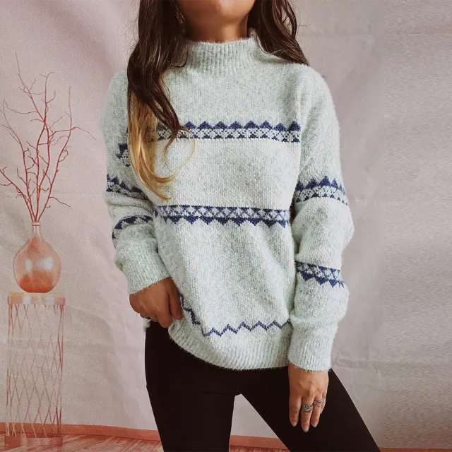 Chenille Thickened Snowflake Pattern Half high Collar Long Sleeves Knitted Sweater Light Blue - Shop at LoveMi