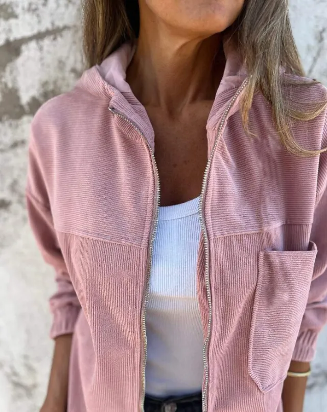 Women's Solid Color Simple Corduroy Hooded Jacket Pink - Shop at LoveMi