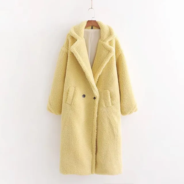 Women's Artificial Teddy Long sleeved Thickened Thermal Long Coat Yellow - Shop at LoveMi