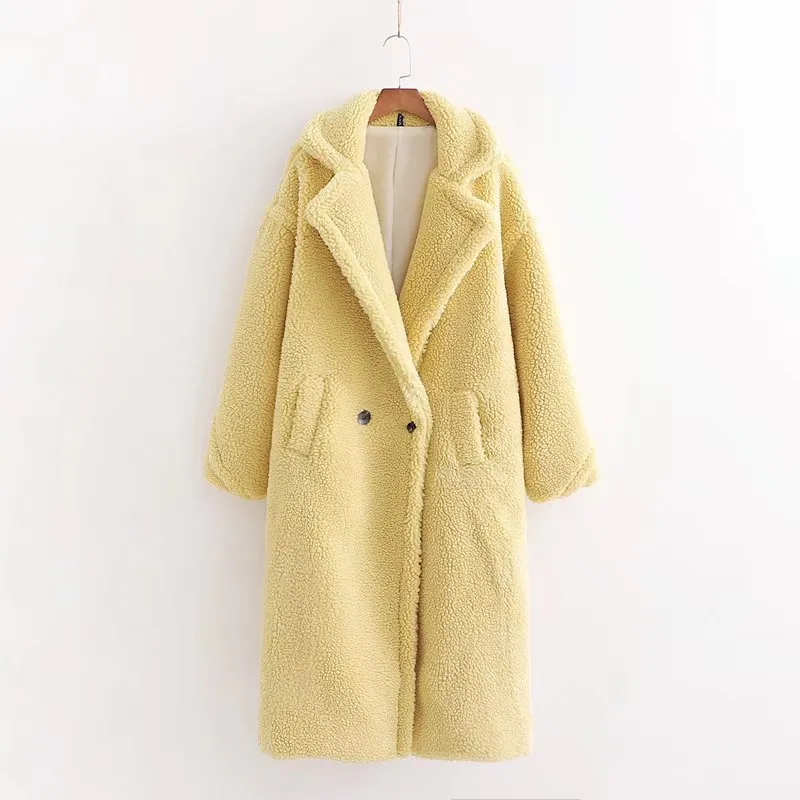 Women's Artificial Teddy Long-sleeved Thickened Thermal Long Coat - Yellow