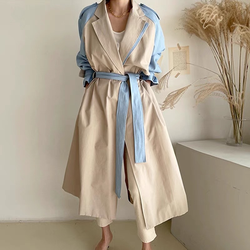 Retro Lapels Design Stitching Contrast Color Lace up Waist Long Trench Coat Women Picture Color Coat L - Shop at LoveMi