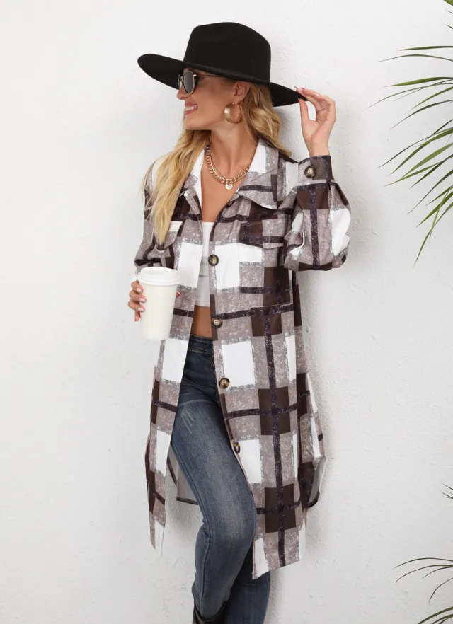 Women's Plaid Single breasted Lapel Long sleeved Coat 109630 Brown - Shop at LoveMi