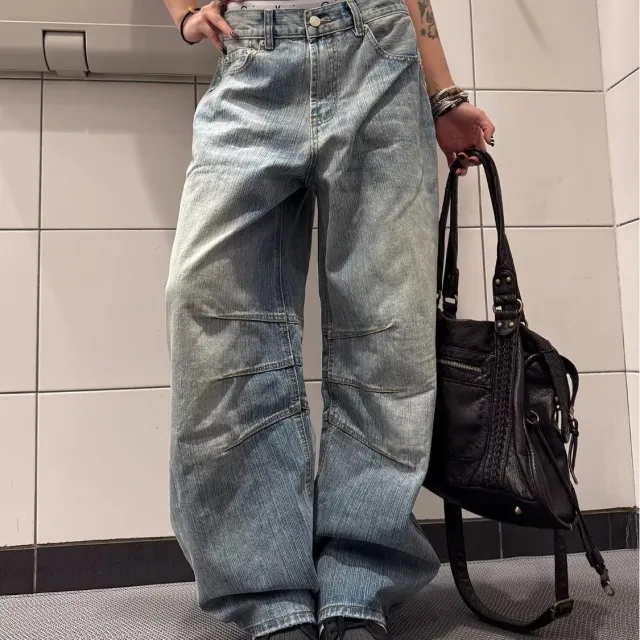Female Loose And Casual Retro Herringbone Flare Denim Jeans Blue - Shop at LoveMi