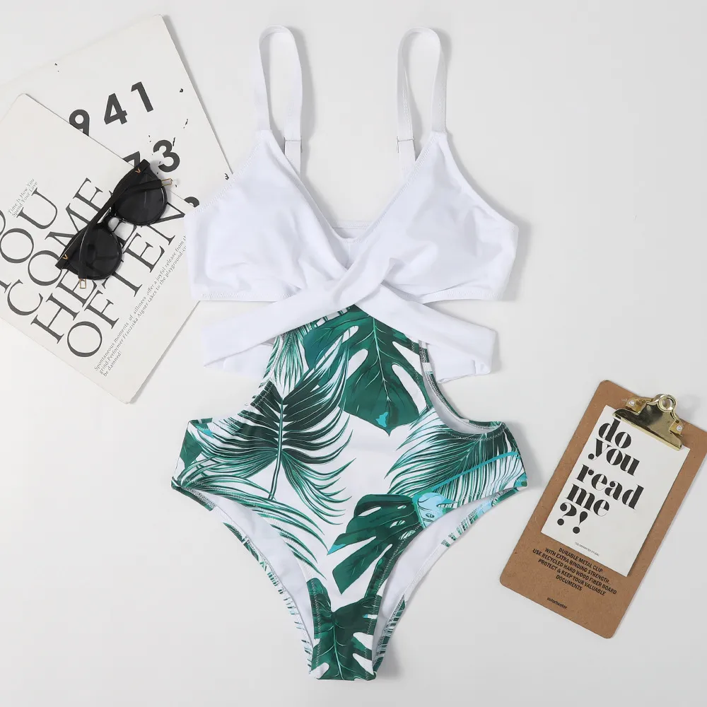 One-piece Leaf-shaped Flowers Colour Matching Women's Swimsuit Lace-up Sexy Triangle Bikini - White