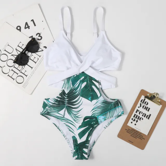 One piece Leaf shaped Flowers Color Matching Women's Swimsuit Lace up Sexy Triangle Bikini White - Shop at LoveMi