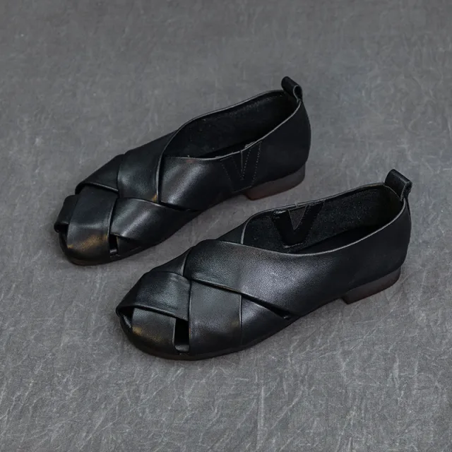 Women's First Layer Cowhide Bag Heel Flat Heel Soft Surface Hollow out Artistic Simple Sandals Black - Shop at LoveMi