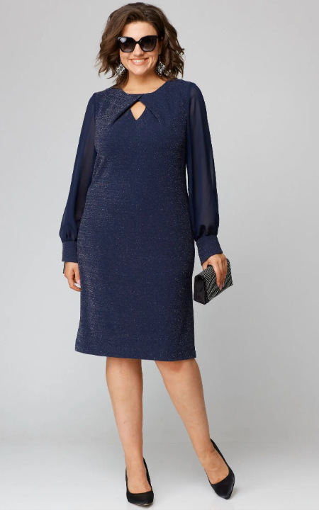 Solid Color Dress Mesh Chiffon Long Sleeve Round Neck Dark Blue - Shop at LoveMi