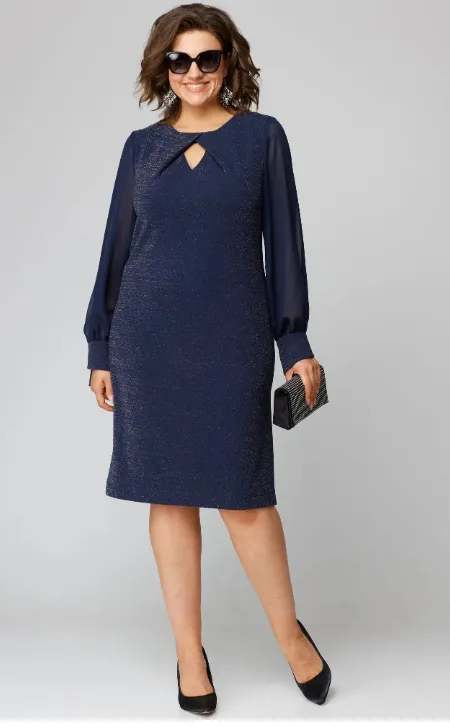 Solid Color Dress Mesh Chiffon Long Sleeve Round Neck Dark Blue - Shop at LoveMi