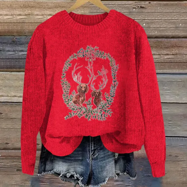 Women's European And American Style Round Neck Pullover Sweater Red - Shop at LoveMi