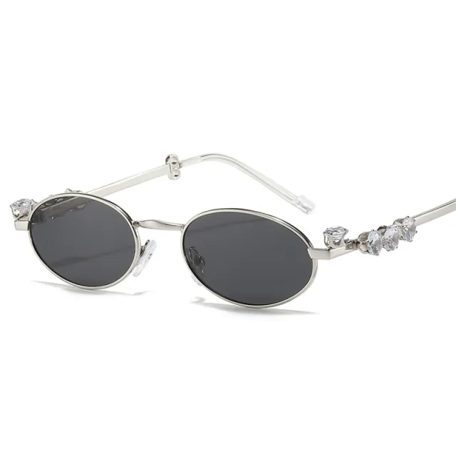 Diamond Decoration Oval Metal Sun Glasses Silver Gray - Shop at LoveMi