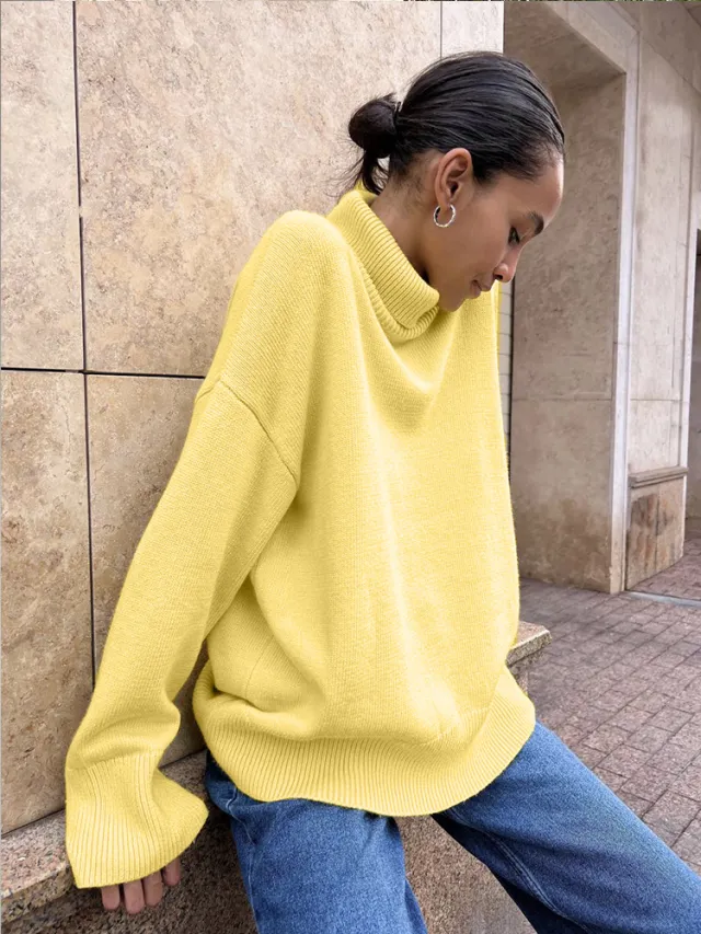 Women's Multi color Turtleneck Solid Color Sweater Loose Pullover Stand Collar Light Yellow - Shop at LoveMi
