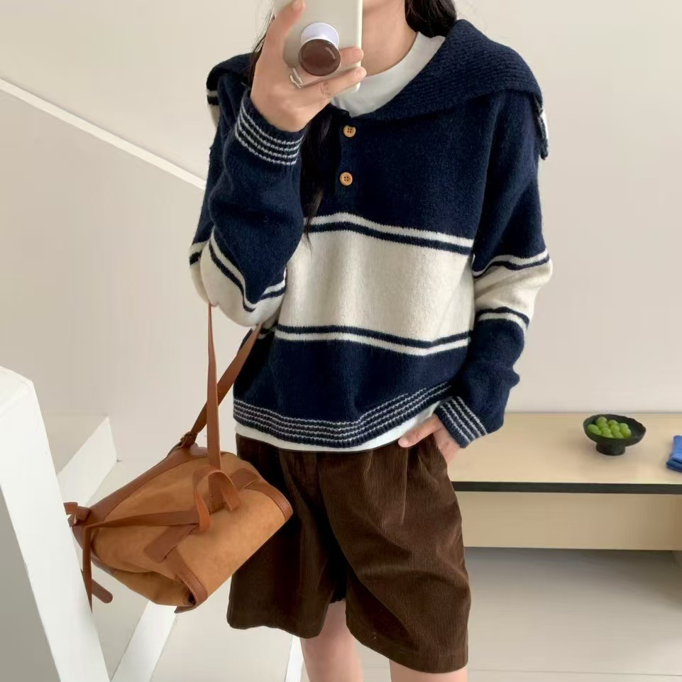 Color-block Striped Nautical-style Oversized Lapel Sweater For Women Autumn And Winter