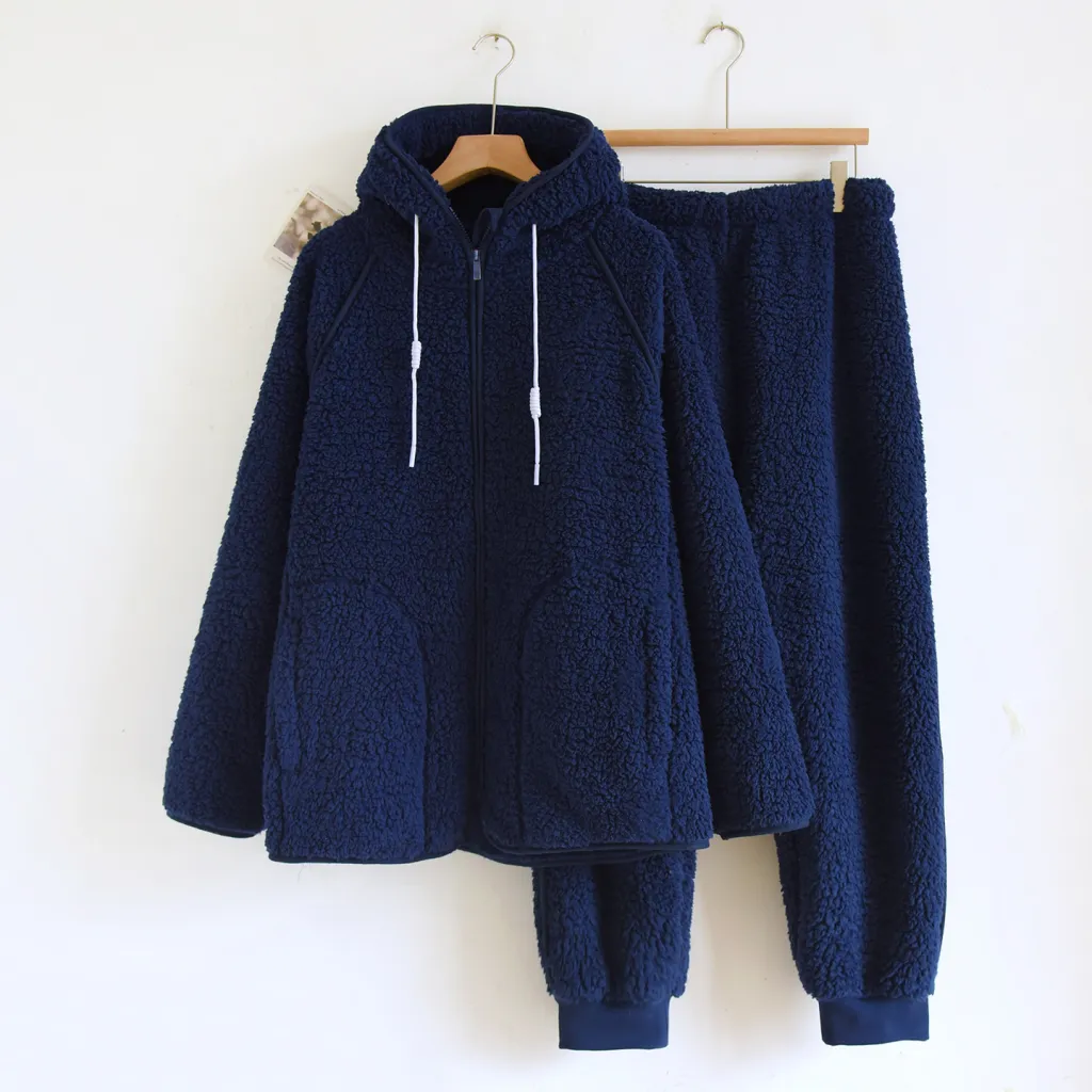 Corduroy Solid Color Casual Loose Fitting Set Flannel Hooded Padded Loungewear - Dark Blue