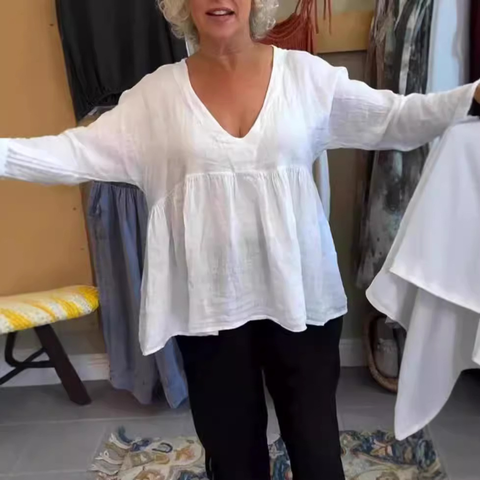 Women's Cotton And Linen Deep V-neck Solid Color Loose Top